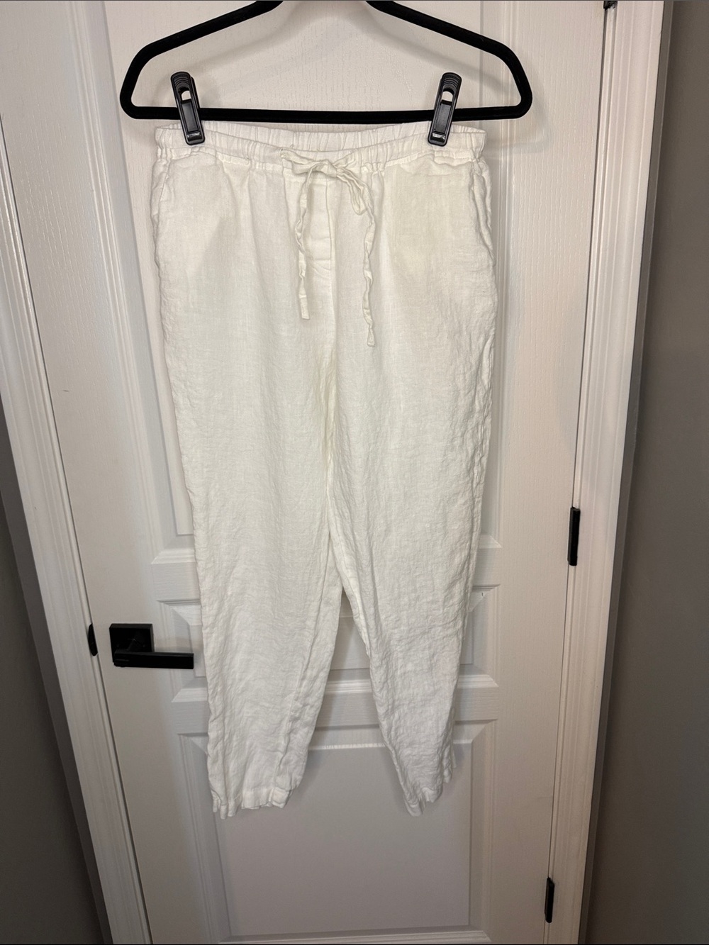 Cropped White 100% Linen Drawstring Linen-Blend Pants